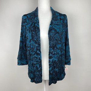 NWT Mark Singer Softwear Petites Blue Ornate Floral Open Front Top
